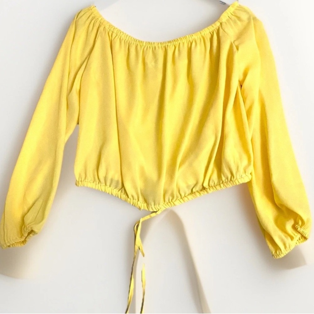 Streetwear Society Butter Yellow Sheer Long Sleeve Off The Shoulder Crop Top Y2K
